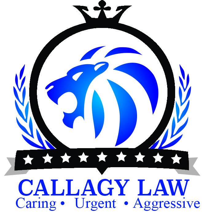 Callagy Law logo featuring a blue lion with crown, laurel wreath, star banner, and tagline Caring Urgent Aggressive