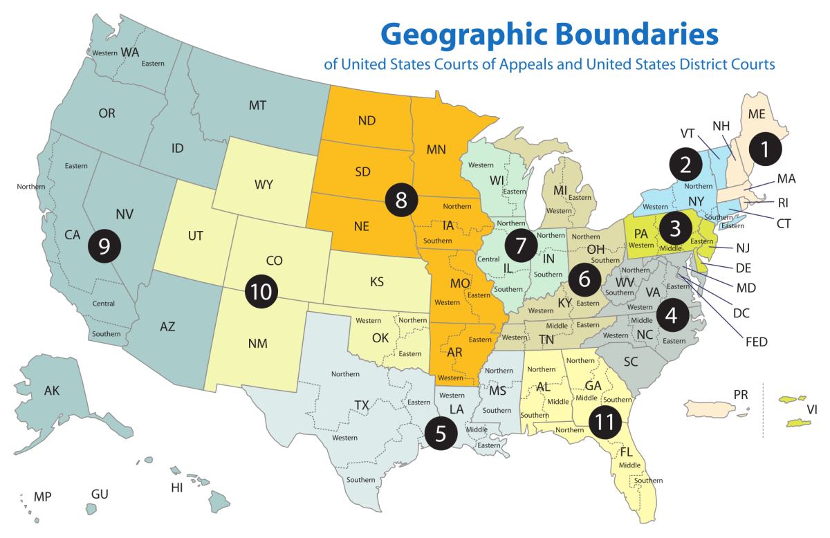 American Company Subjected to Cyber-Security Attacks After Appealing Court Ruling Dismissing Republic of Mozambique to Ninth Circuit Court of Appeals 8 Color-coded US map showing Geographic Boundaries of United States Courts of Appeals and District Courts, numbered circuits...
