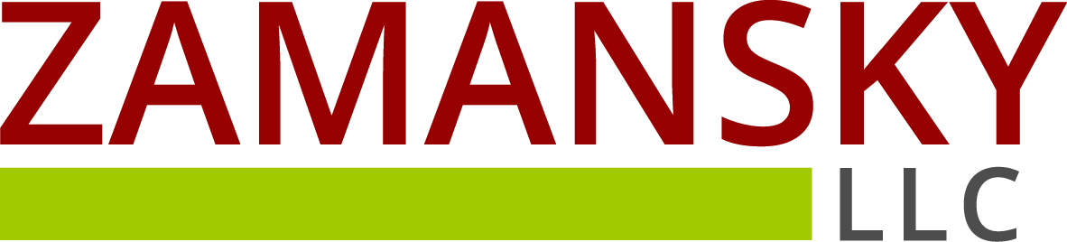 Zamansky LLC logo with dark red bold text and a lime green horizontal bar accent