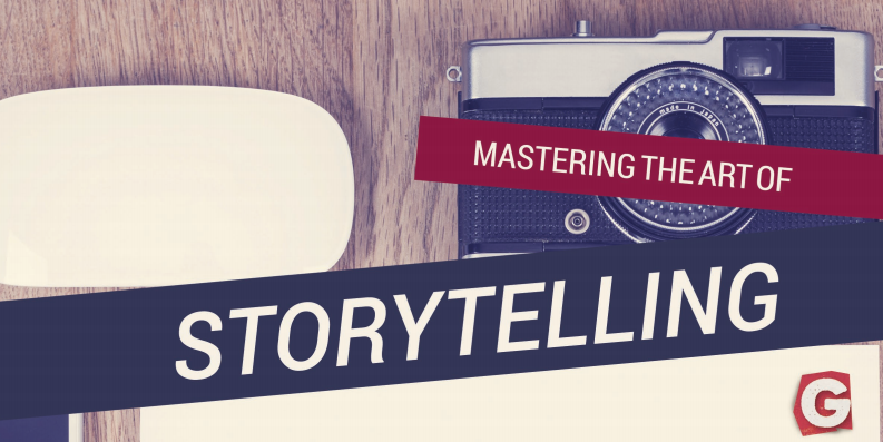 Vintage film camera on a wooden desk with text reading Mastering the Art of Storytelling and a red G logo