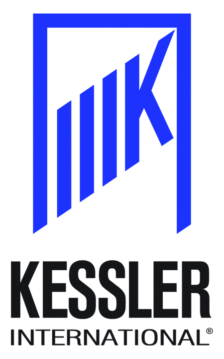 Kessler International logo with blue rectangular emblem containing diagonal lines and a K, above bold black text reading K...