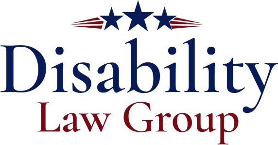 Disability Law Group logo with three navy blue stars and red rays above text in navy and dark red