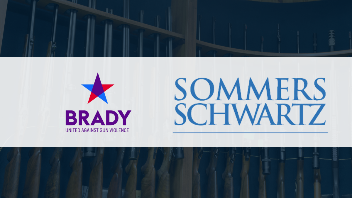 Brady United Against Gun Violence logo alongside Sommers Schwartz law firm logo, overlaid on a dark background showing a r...