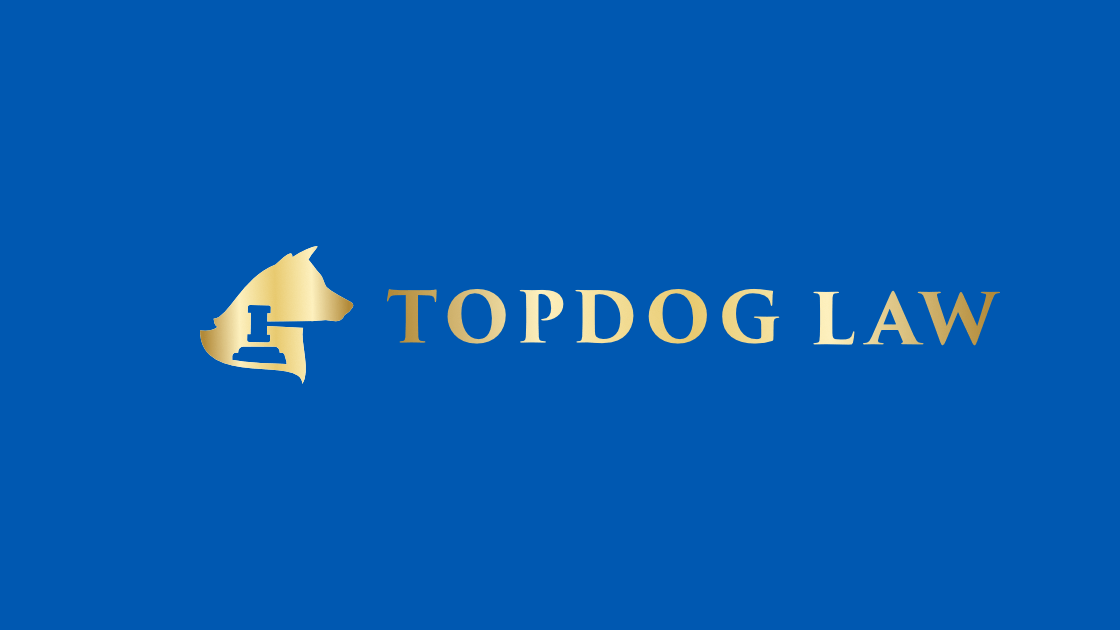 TopDog Law logo featuring a gold dog silhouette with a gavel on a blue background