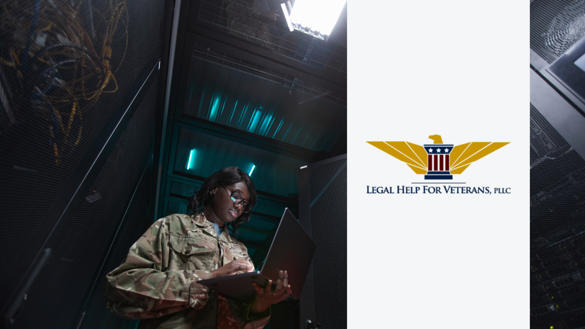 Veteran Advocates at Legal Help For Veterans, PLLC Support U.S. Military's $130.1 Billion Tech Reinforcement Plan 11 Female soldier in camouflage uniform working on a laptop in a server room, beside the Legal Help For Veterans, PLLC logo w...