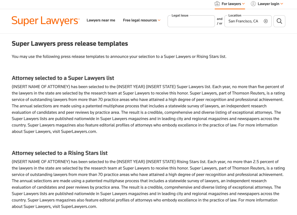 Super Lawyers Press Release Template