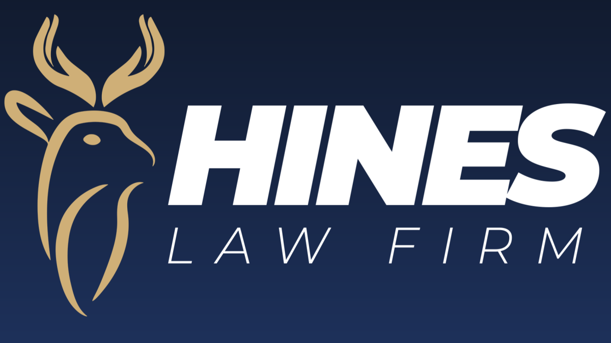 Hines Law Firm logo featuring a gold antlered deer icon on a navy blue background with bold white text