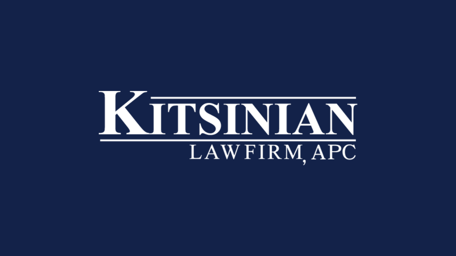 Kitsinian Law Firm, APC logo in white serif text on a navy blue background