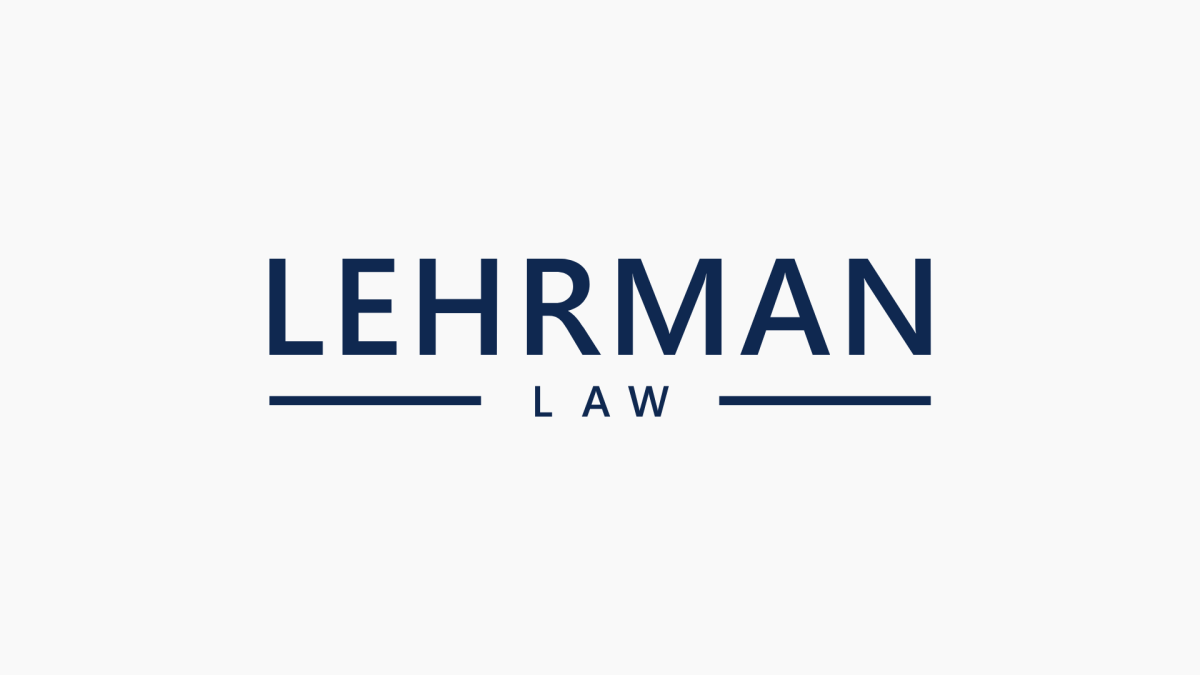 Lehrman Law logo in dark navy blue text on a light gray background