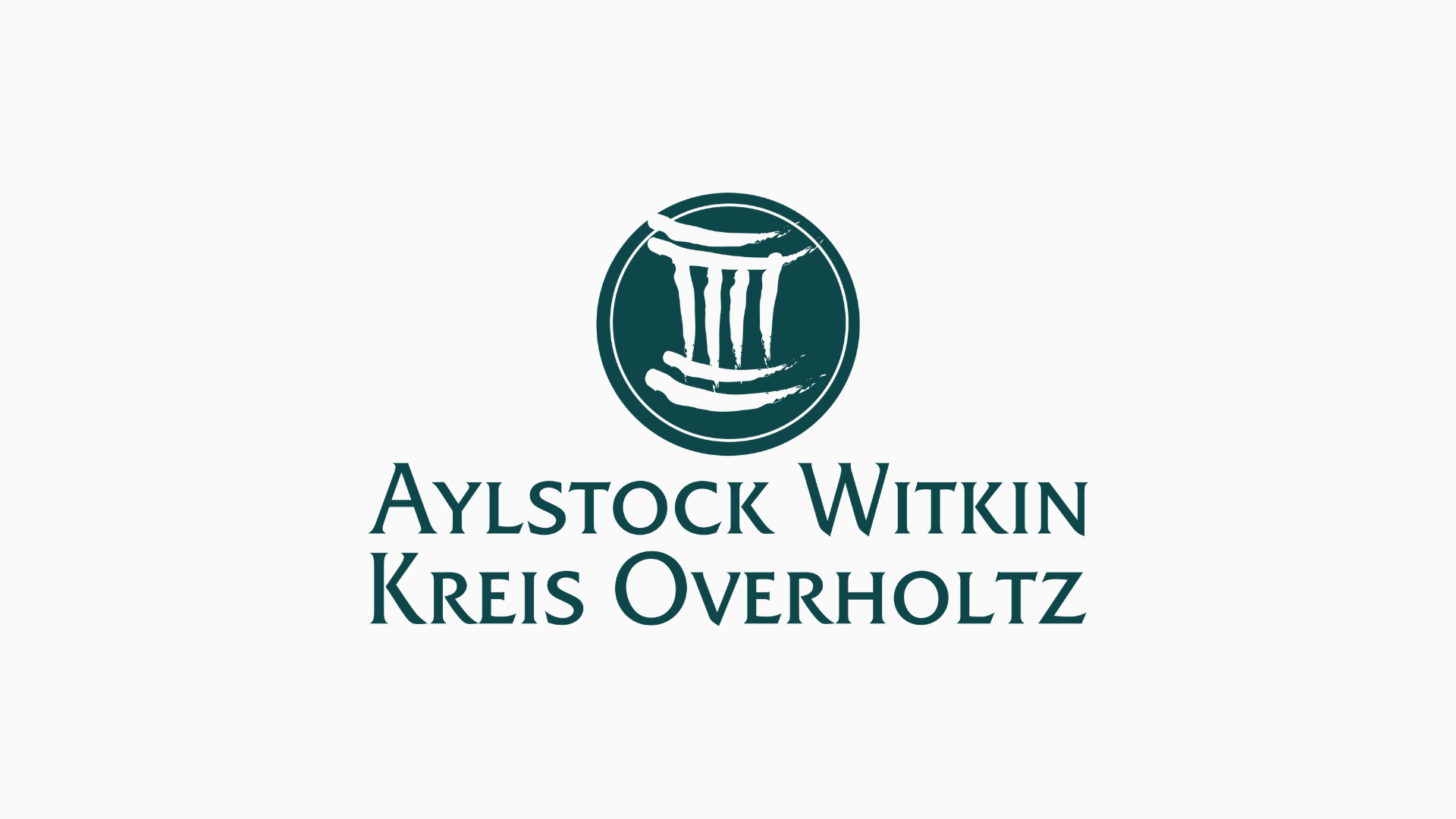 Aylstock Witkin Kreis Overholtz law firm logo with teal circular emblem featuring classical columns above the firm name