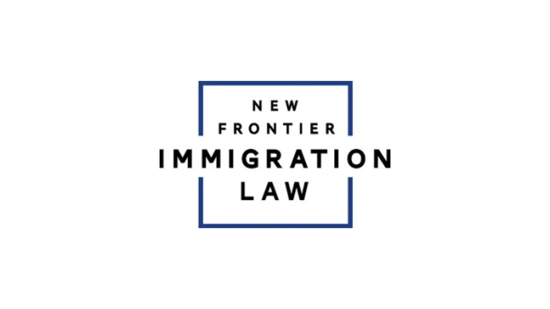 New Frontier Immigration Law logo with bold black text inside a blue square border on white background