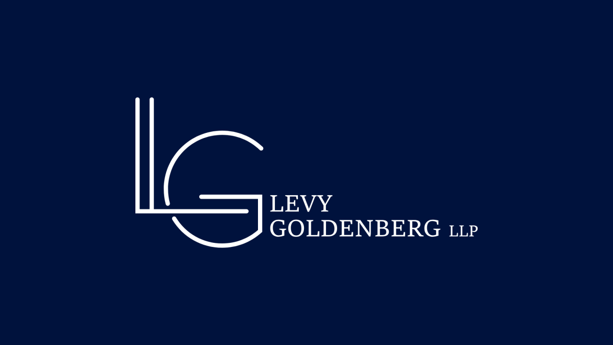 Levy Goldenberg LLP logo with stylized LG monogram in white on a navy blue background
