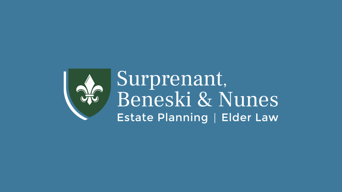 Surprenant, Beneski & Nunes Estate Planning and Elder Law logo with green shield and fleur-de-lis on blue background