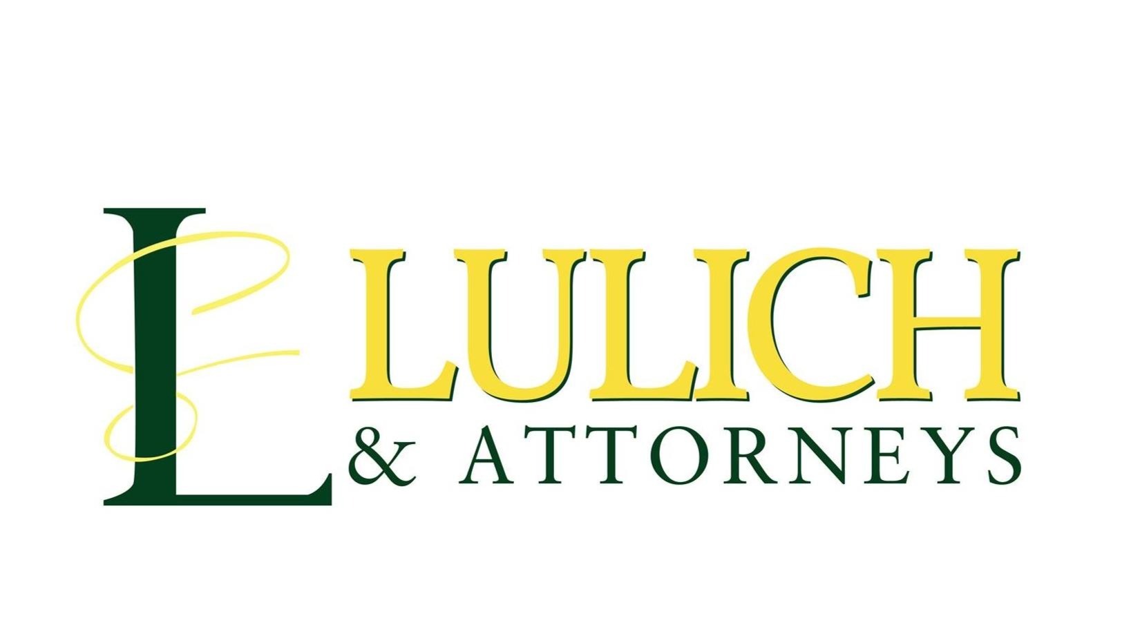 Lulich & Attorneys law firm logo with a dark green decorative L and yellow bold text on white background