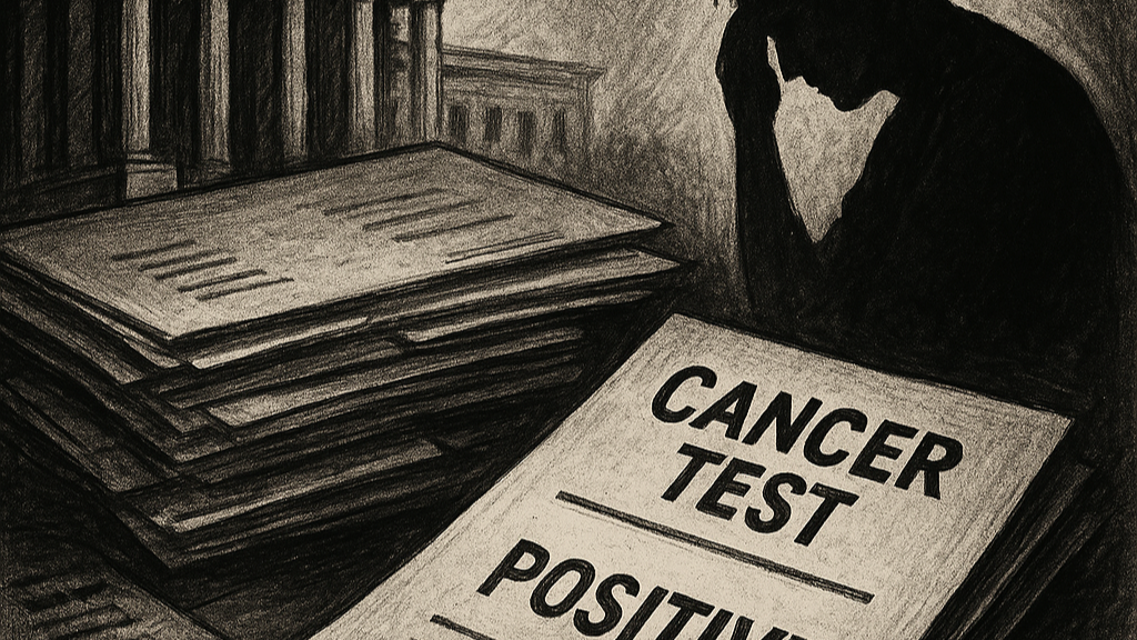 Moncus Trial Law, LLC Files Alabama Lawsuit Alleging Deadly Failures in Delivery of Critical Cancer Test Results 1 Charcoal illustration of a distressed person slumped over a desk with a document reading "Cancer Test Positive" among stac...