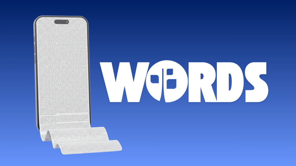 An iphone with words flowing off the page and Custom Legal Marketing's logo used as an O to spell W-O-R-D-S